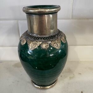 Green Ceramic Mini Vase with Silver-Tone Metal Trim